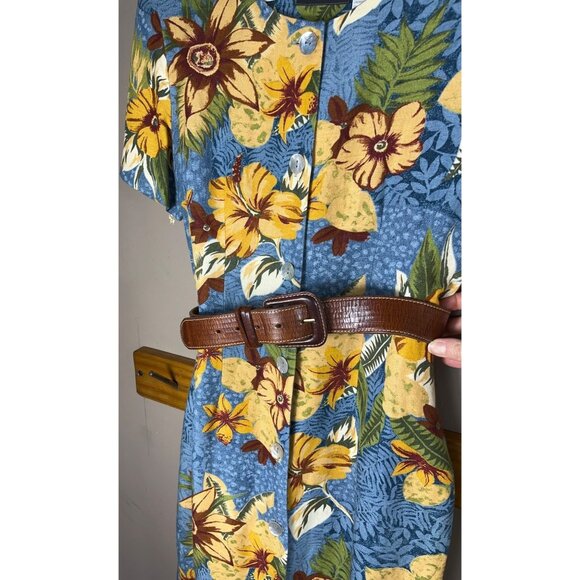 Positive Influence Dress Linen Blue Floral Sheath Pencil Button Midi Vtg Women 6 - Picture 10 of 10